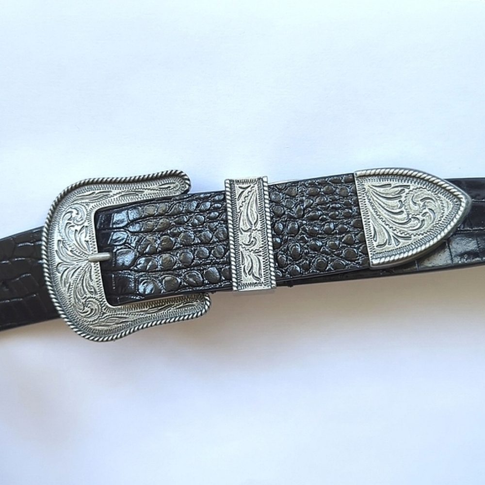 Lauren Ralph Lauren Wide Black Leather Belt Crocodile Embossed Women’s XL